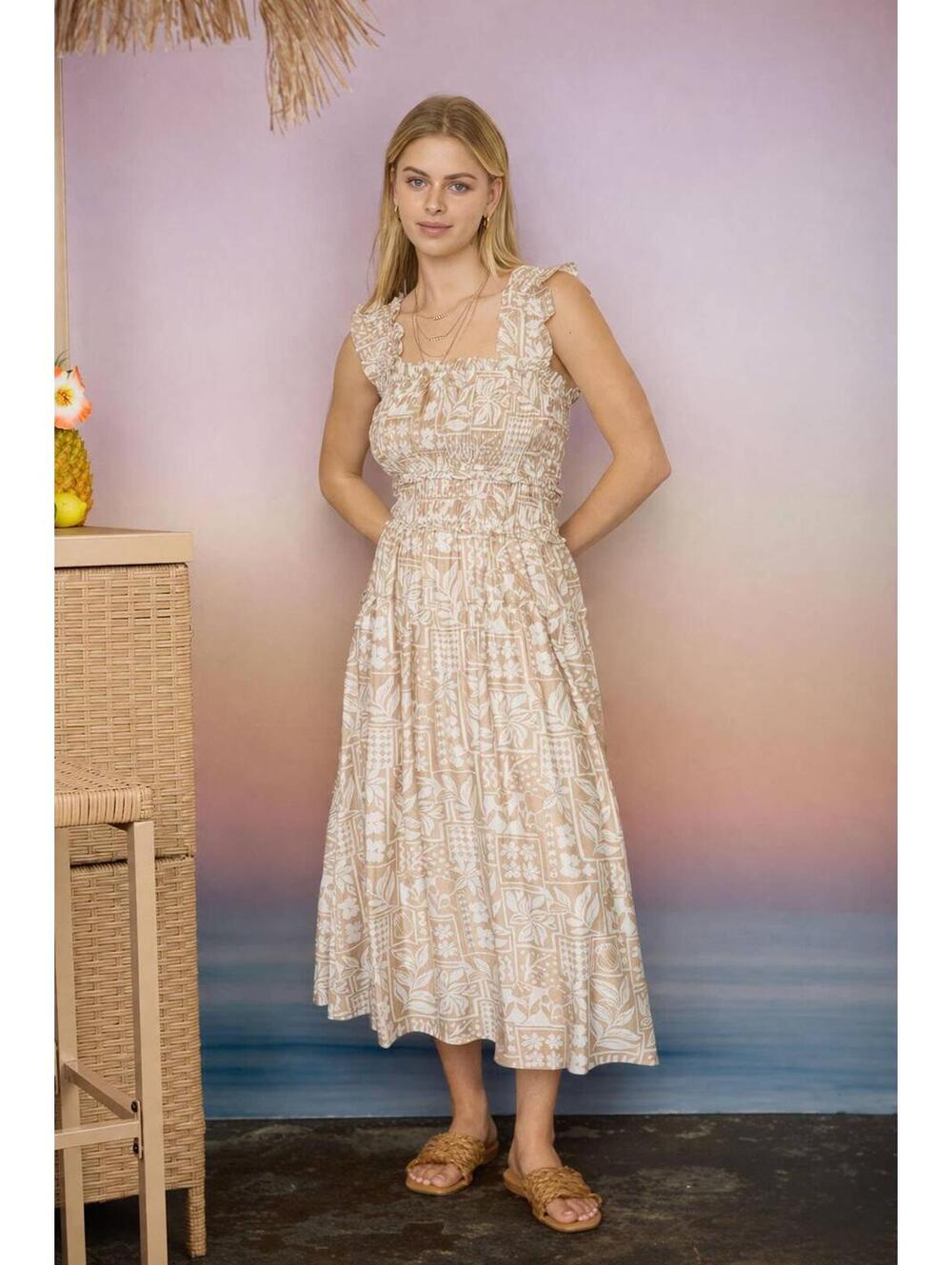 Blu pepper , TILE PATTERN SMOCKED RUFFLE STRAP MIDI DRESS